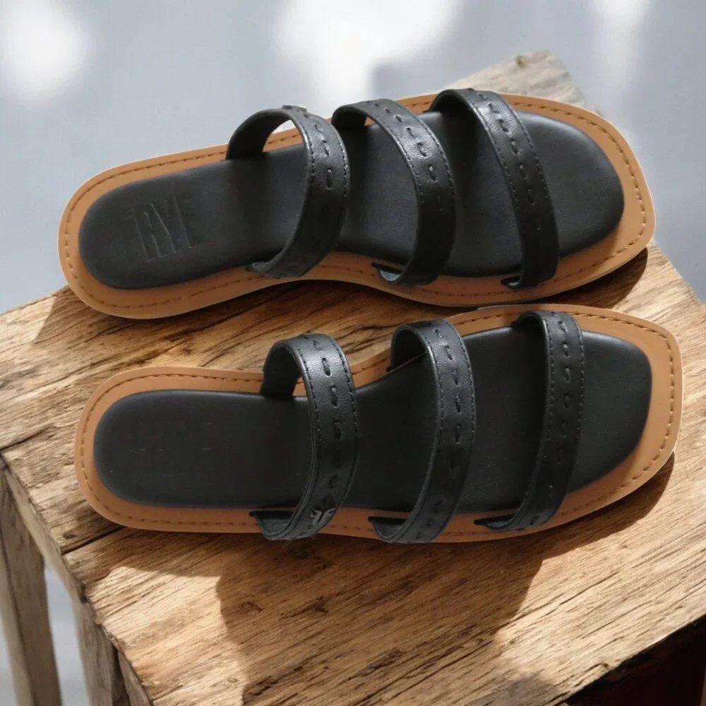 FRYE - Faye Strappy Slide Leather Sandal, Size 8M, Black - NWT